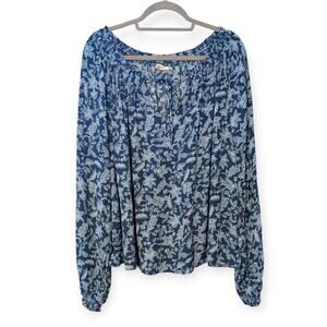 Faherty Women's Emery Blouse Blue Floral Boho Relaxed Hippie Peasant Top